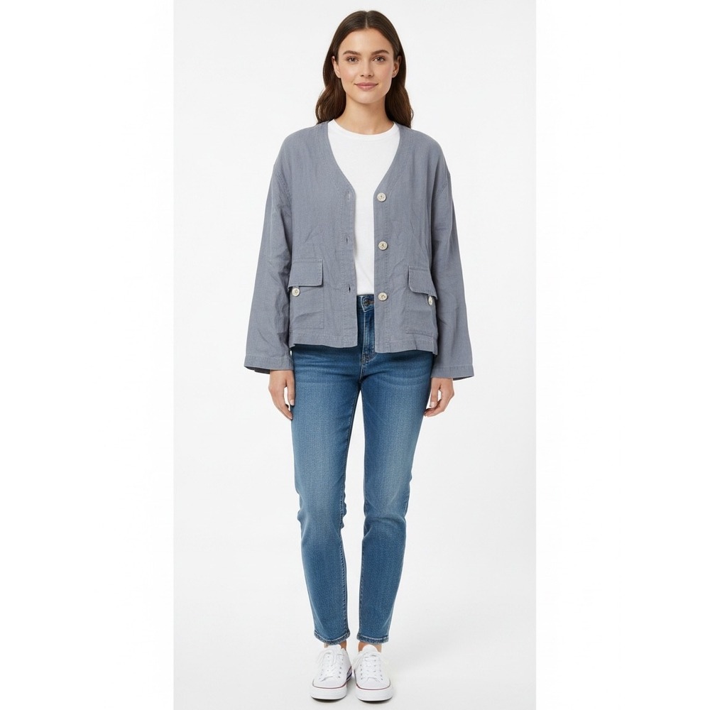 J. Jill Pure Linen Cardigan Jacket Blue Grey Button Front Boxy Pocket Medium